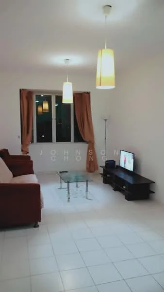 Living features: red fabric sofa, glass coffee table, TV console, wall-mounted TV, floor lamp, two pendant lights, white tiled flooring, cream painted walls, curtains, large window; style: modern.