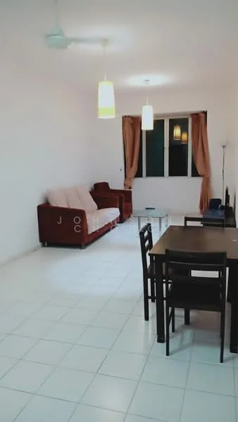 Living features: white painted walls, ceramic tile flooring, 5-blade ceiling fan, 2 pendant lamps, sofa in beige, armchair in burgundy, dining table with 4 black chairs, window with sheer curtains, floor-to-ceiling window, decorative floor lamp; style: modern.