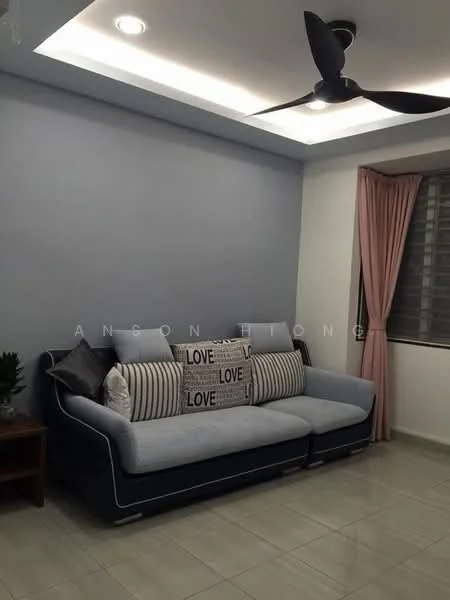 Living features: 3-seater fabric sofa in light blue, decorative cushions with 'LOVE' print, wooden side table, grey painted walls, recessed ceiling lights, ceiling fan, curtains in light pink, tile flooring; style: modern.