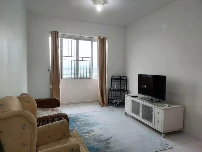 Living features: beige fabric sofa, brown wicker chair, white TV console, black flat-screen TV, light-colored area rug, floor-to-ceiling window, sheer curtains, white painted walls, ceiling light fixture, tile flooring; style: modern; view: city.