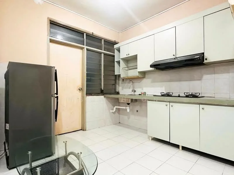 Kitchen features: white cabinetry, green countertop, stainless-steel fridge, built-in gas hob, exhaust hood, white tiled backsplash, white tiled flooring, single-bowl stainless-steel sink, window with metal grille, door to outside, wall-mounted cabinets.