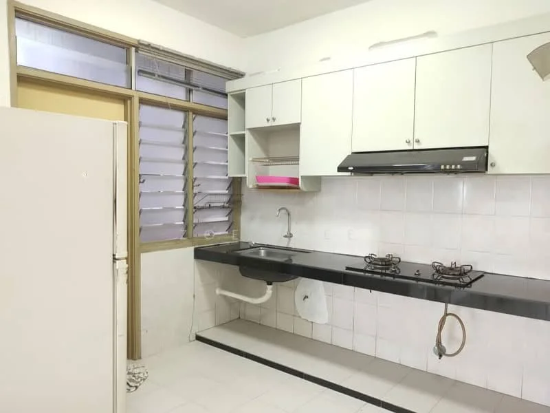 Kitchen features: white cabinetry, black countertop, double-bowl stainless-steel sink, chrome pull-down faucet, 2-burner gas hob, built-in range hood, white tiled backsplash, white tiled flooring, window with horizontal slats, refrigerator, wall-mounted storage shelf; style: modern.