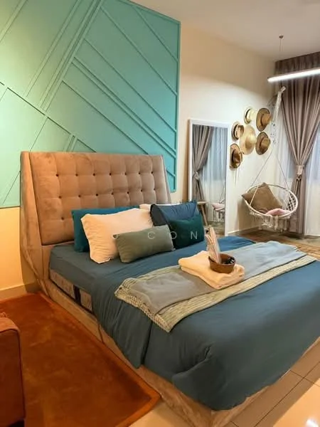 Bedroom features: king-size bed with upholstered headboard, blue bedding with decorative pillows, wooden flooring, accent wall with geometric pattern in teal, hanging chair, framed mirror, decorative hats on wall, curtains in neutral color, area rug in brown, nightstand with decorative items; style: modern.