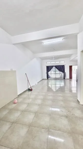 Room features: white painted walls, polished ceramic tile flooring, high ceiling, large windows with sheer curtains, ceiling lights, open layout, sweeping broom, doorway leading to another room; style: modern.