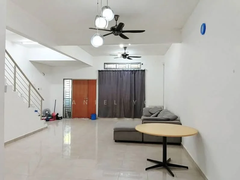 Living features: white painted walls, polished tile flooring, 5-blade ceiling fan with light, 5-blade ceiling fan, sofa in grey fabric, round dining table with black base, curtains in dark grey, open layout, natural light from windows, decorative wall feature; style: modern.