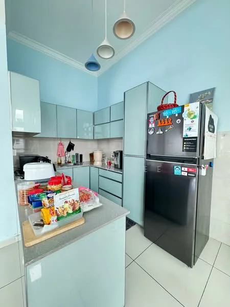Kitchen features: light blue painted walls, white ceiling with crown moulding, grey laminate countertop, light blue flat-panel cabinets, stainless-steel fridge, built-in oven, microwave, kettle, toaster, sink, ceramic tile flooring, pendant lighting, open shelving; style: modern.