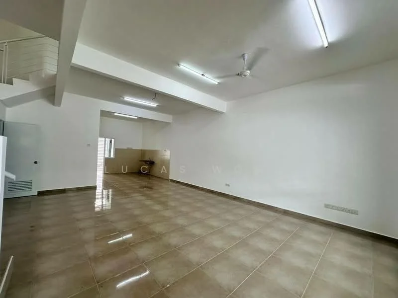 Living features: white painted walls, polished ceramic tile flooring, recessed downlights, ceiling fan, open layout, large windows, kitchen area visible, neutral color scheme; style: modern.