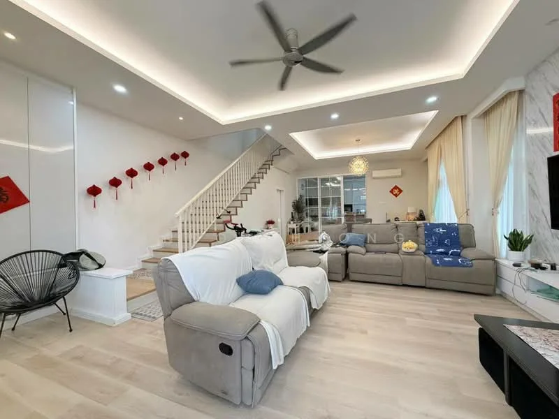 Living features: light wood flooring, white painted walls, recessed ceiling lights, 5-blade ceiling fan, sectional sofa in grey, decorative throw pillows, TV console with wall-mounted TV, area rug, large windows with sheer curtains, staircase leading to upper floor, decorative wall art, potted plants; style: modern.
