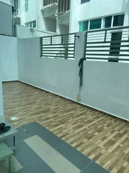 Room features: wooden flooring, white painted walls, sliding glass door, metal railing, outdoor space, paved area, fenced perimeter, natural light; style: modern; view: garden.