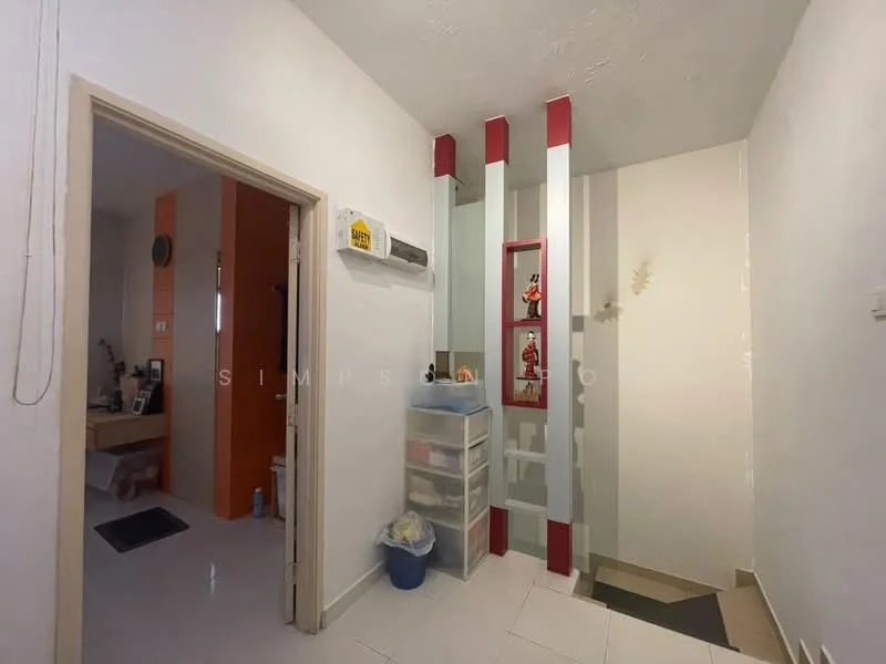Room features: white painted walls, tile flooring, recessed ceiling, wall-mounted air conditioning unit, decorative glass partition, storage cabinet, doorway leading to another room, small mat at entrance; style: modern.