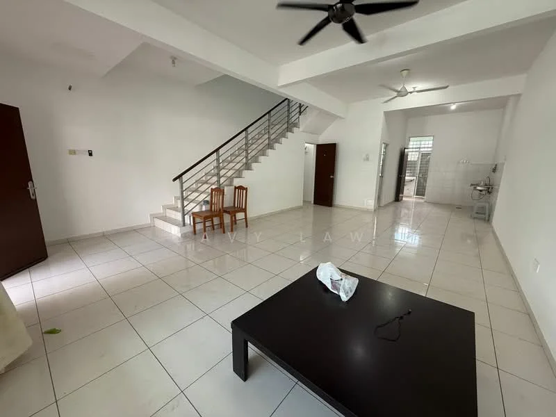 Living features: white painted walls, white tiled flooring, 5-blade ceiling fan, recessed downlights, large windows, staircase with metal railing, coffee table, 2 wooden chairs, open layout, door leading to another room, wall-mounted light switch; style: modern. Room features: white painted walls, white tiled flooring, kitchen area visible, sink visible, door leading outside.