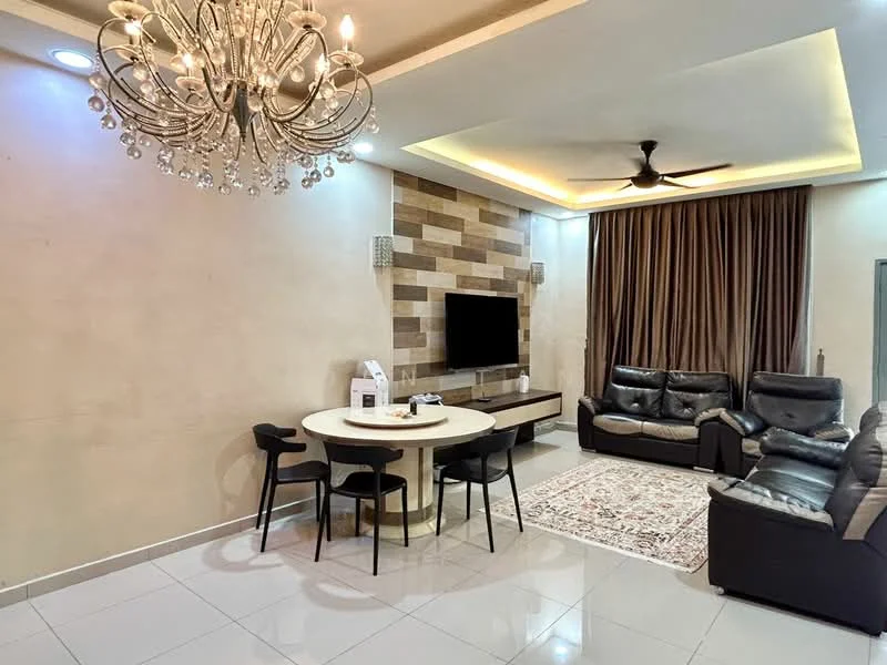 Living features: chandelier with crystals, 5-blade ceiling fan, wall-mounted TV, black leather sectional sofa, 2-seater black leather sofa, round dining table, 4 black dining chairs, decorative area rug with pattern, feature wall with wood paneling, cream painted walls, recessed ceiling lighting, curtains in brown fabric, glossy white tile flooring; style: modern.
