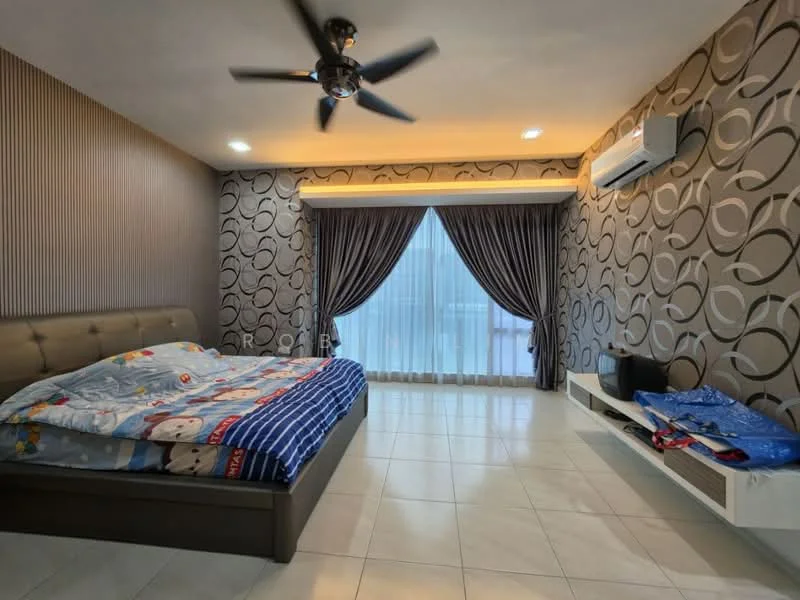 Bedroom features: king-size bed with upholstered headboard, bedding with cartoon pattern, 5-blade ceiling fan with light, recessed downlights, floor-to-ceiling windows with sheer curtains, grey patterned wallpaper, white tiled flooring, wall-mounted TV console, air conditioning unit; style: modern.