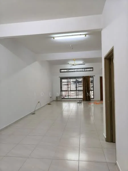 Room features: white painted walls, polished ceramic tile flooring, high ceiling, recessed downlights, large windows, curtains, doorway, open layout; style: modern.