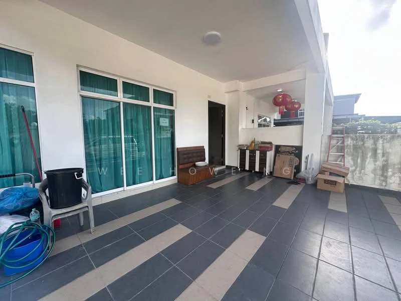 Exterior features: covered patio, grey tiled flooring, white painted walls, large windows with green curtains, outdoor seating area, decorative lanterns, storage boxes, cleaning equipment visible; style: modern.