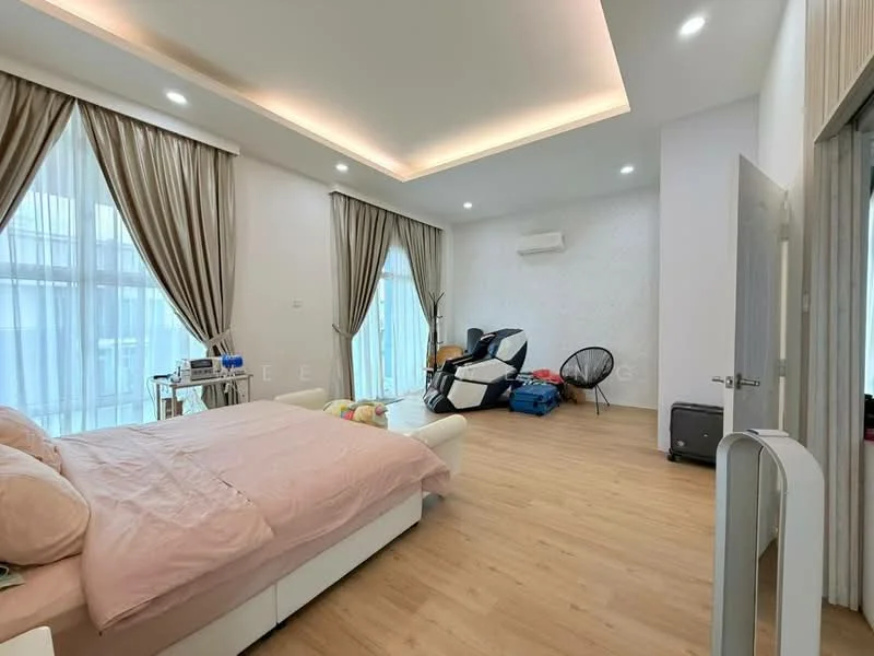 Bedroom features: king-size bed with pink bedding, upholstered headboard, 2 bedside tables, floor-to-ceiling windows with sheer curtains, wooden flooring, recessed downlights, ceiling-mounted air conditioning unit, black accent chair, decorative wall with light pattern, large area rug, luggage, exercise chair; style: modern.