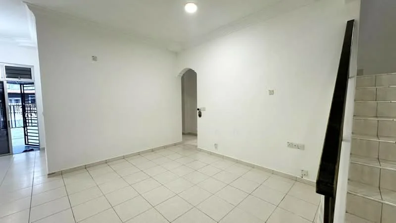 Living features: white painted walls, tile flooring, recessed downlights, arched doorway, open layout, staircase leading to upper floor, window with view to exterior, door leading to balcony or patio.