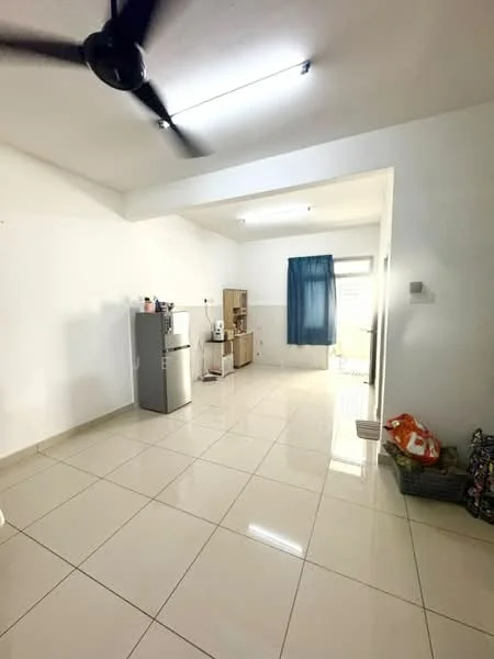 Room features: white painted walls, glossy ceramic tile flooring, 5-blade ceiling fan, refrigerator, kitchen cabinet, countertop, window with blue curtain, door leading outside; style: modern.