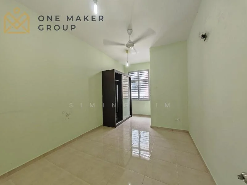 Room features: light green painted walls, glossy beige tile flooring, ceiling fan, window with horizontal slats, built-in wardrobe, two light fixtures, no visible furniture, empty space.