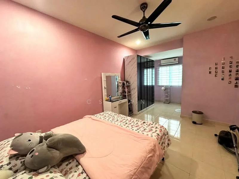 Bedroom features: pink painted walls, wall-mounted ceiling fan, queen-size bed with floral bedding, large mirror with white frame, built-in wardrobe with sliding doors, tile flooring, window with blinds, decorative photos on wall, waste bin; style: modern.