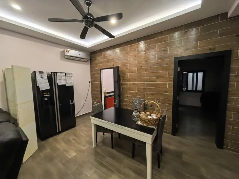 Dining features: black dining table, white dining chairs, 3-blade ceiling fan, recessed downlights, wood panel accent wall, grey tile flooring, stainless-steel fridge, air conditioning unit on wall, open doorway to hallway, dark wood door, light wall paint; style: modern. Room features: dark wood door, light wall paint.