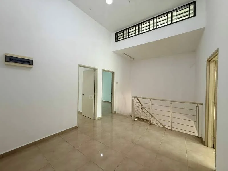 Room features: white painted walls, high ceiling, tile flooring, 1 wall-mounted split AC, railing on upper level, doorway to adjacent rooms, natural light from windows, recessed ceiling lights; style: modern.