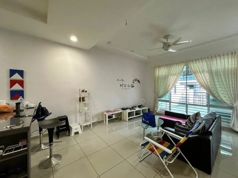 Living features: white painted walls, glossy tile flooring, 5-blade ceiling fan with light, large windows with sheer curtains, black leather sofa, coffee table, decorative wall art, open shelving unit, folding chairs, dining table for two; style: modern.