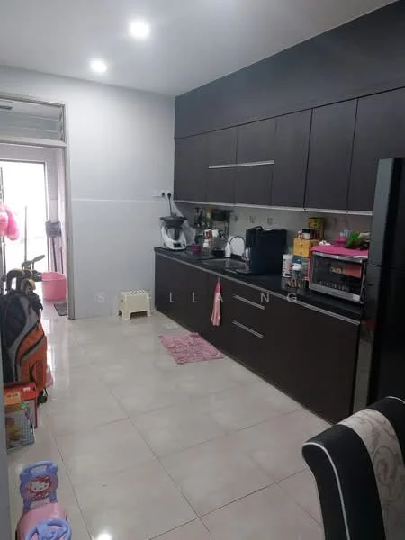 Kitchen features: dark wood cabinetry, white countertop, stainless-steel sink, chrome pull-down faucet, built-in microwave, freestanding range oven, refrigerator, ceramic tile flooring, wall-mounted shelves, pink area rug, kitchen appliances, white stool, children's toys, open layout; style: modern.