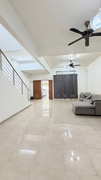 Living features: cream painted walls, polished tile flooring, 5-blade ceiling fan, 2 ceiling fans, large windows, grey fabric sectional sofa, sliding glass door, curtains, open layout, natural light; style: modern; view: garden.