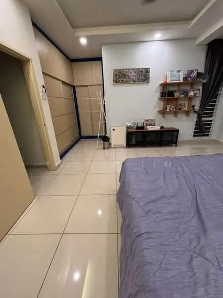 Bedroom features: grey bedspread, white walls, cream built-in wardrobe, sliding door wardrobe, tile flooring, decorative wall shelf, framed artwork, floor-to-ceiling curtains, wall-mounted decor, light ceiling, neutral color scheme; style: modern.