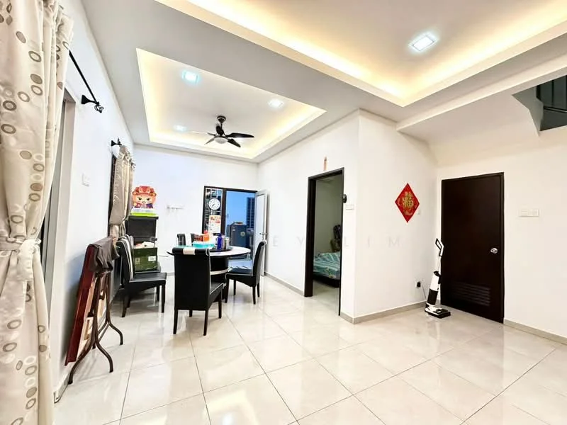 Dining features: dining table with black chairs, white walls, tile flooring, recessed downlights, 5-blade ceiling fan, curtains with circular pattern, decorative wall art, open layout to adjacent rooms; style: modern. Living features: tile flooring, white walls, recessed downlights, ceiling with tray design, open layout to adjacent rooms; style: modern. Bedroom features: door leading to bedroom, unknown bedding, unknown decor.