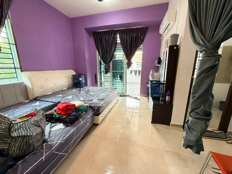 Bedroom features: purple painted walls, glossy tile flooring, queen-size bed frame without mattress, floor-to-ceiling windows, sheer curtains, air conditioning unit, built-in wardrobe, decorative mirror, clothes on bed, sliding door to outdoor area; style: modern; view: garden.