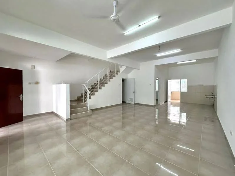 Room features: white painted walls, polished ceramic tile flooring, 5-blade ceiling fan, staircase with white railing, large windows for natural light, open layout, kitchen area with tiled backsplash, utility area with sink, door leading to utility area, light fixtures on ceiling; style: modern.