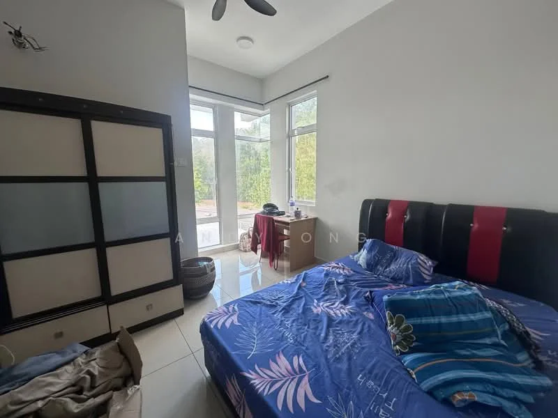Bedroom features: king-size bed with upholstered headboard, bedding with floral pattern, floor-to-ceiling windows, white painted walls, ceiling fan, sliding mirror wardrobe, tile flooring, natural light from windows, decorative table with items, basket for storage; style: modern; view: garden.