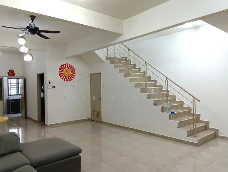 Living features: cream painted walls, white ceiling, 5-blade ceiling fan with light, large windows, marble tile flooring, sofa in grey, decorative wall art, staircase with metal railing; style: modern. Room features: cream painted walls, white ceiling, marble tile flooring.