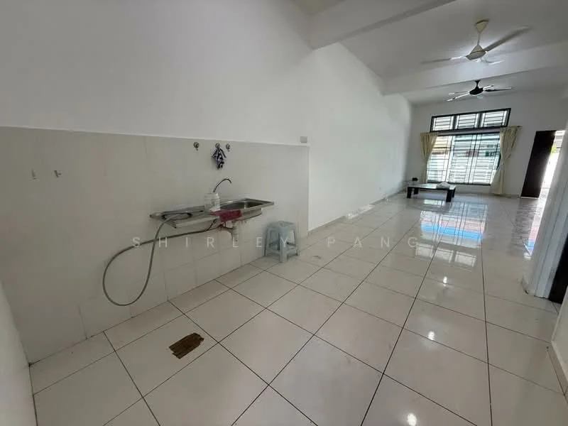 Room features: white painted walls, glossy white floor tiles, single-bowl stainless-steel sink, wall-mounted faucet, ceiling fan, large windows with sheer curtains, open layout, natural light; style: modern.