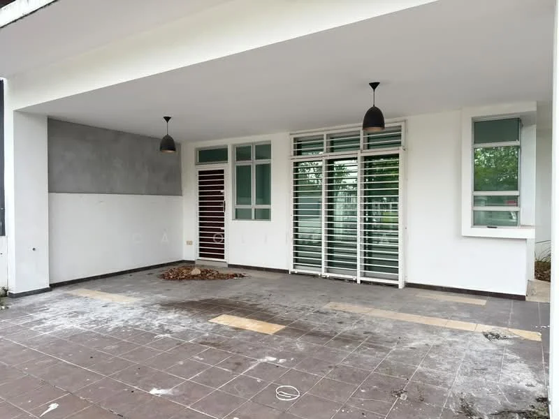 Exterior features: covered porch area, grey tiled flooring, white painted walls, large windows, sliding glass door, two pendant lights, gravel and debris on the floor, greenery visible outside; style: modern.