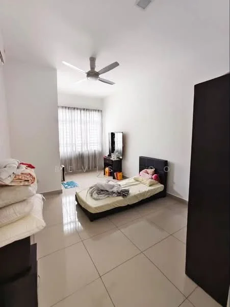 Bedroom features: single bed, upholstered headboard, wall-mounted TV, TV console, ceiling fan, large window with sheer curtains, light-colored walls, glossy tile flooring, built-in wardrobe; style: modern.