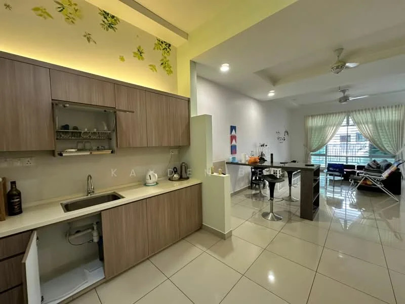 Kitchen features: laminate cabinetry in light wood finish, single-bowl stainless-steel sink, chrome pull-down faucet, built-in oven, freestanding range oven, microwave, white tiled backsplash, ceramic tile flooring, recessed downlights; style: modern. Living features: 3-seater fabric sofa, coffee table, dining table with 4 chairs, ceiling fan, floor-to-ceiling windows with sheer curtains, area rug, decorative wall art; style: modern.