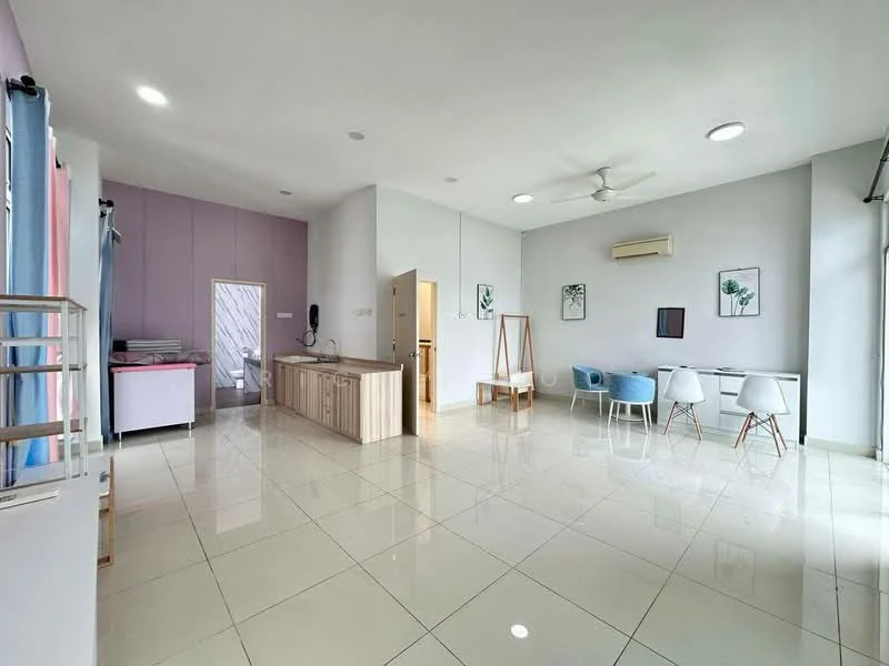 Living features: white painted walls, light grey accent wall, polished ceramic tile flooring, 5-blade ceiling fan with light, recessed downlights, large window with sheer curtains, dining table with four blue chairs, wooden sideboard, wall-mounted TV, decorative wall art, open layout, air conditioning unit; style: modern. Room features: white painted walls, polished ceramic tile flooring, doorway leading to another room, laundry area visible.