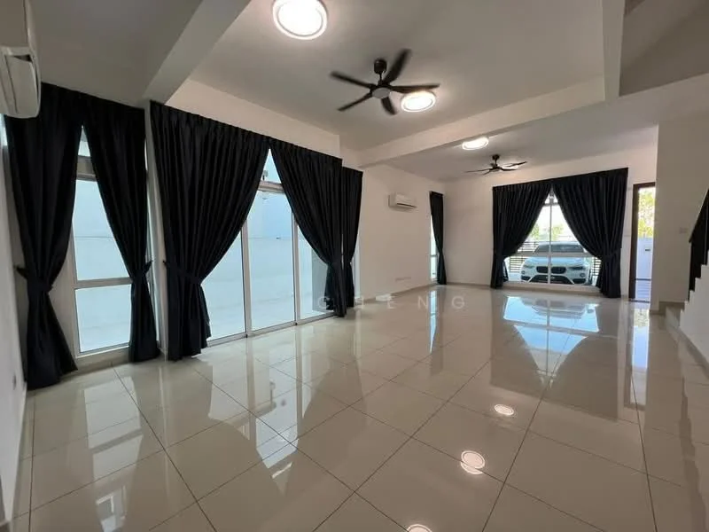 Living features: glossy tile flooring, white painted walls, 2 ceiling fans, floor-to-ceiling windows, sliding glass door, blackout curtains, natural light, open layout; style: modern.