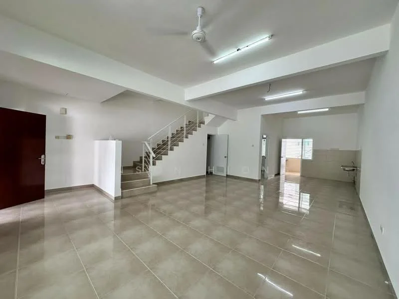 Room features: white painted walls, polished ceramic tile flooring, ceiling with recessed lighting, 5-blade ceiling fan, staircase with wooden handrail, large windows for natural light, open layout, kitchen area with sink, door leading to another room, multiple electrical outlets; style: modern.