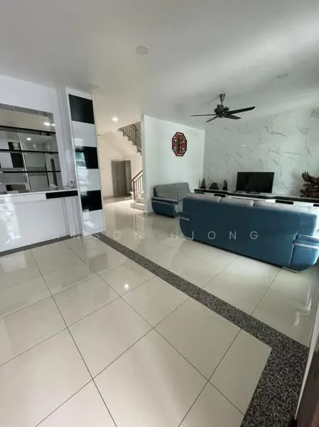 Living features: white walls, marble tile flooring, 5-blade ceiling fan, L-shape sectional sofa in blue, coffee table, wall-mounted TV, TV console, decorative wall with marble pattern, staircase in background, open layout, recessed lighting; style: modern.