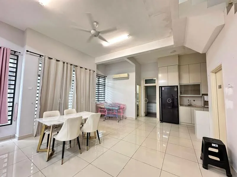 Living features: white painted walls, polished tile flooring, 5-blade ceiling fan with light, large windows with black frames, dining table with marble top, 4 white upholstered dining chairs, black plastic stool, built-in kitchen cabinetry, black refrigerator, stainless-steel sink, kitchen countertop, air conditioning unit; style: modern.