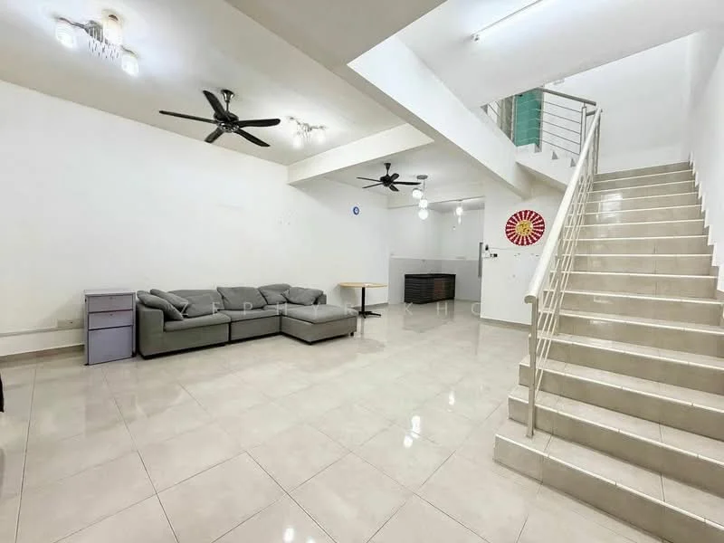 Living features: grey fabric sofa, 3-seater sofa, white painted walls, glossy ceramic tile flooring, 2 ceiling fans, recessed downlights, staircase with metal railing, small side table, decorative wall art, open layout; style: modern.