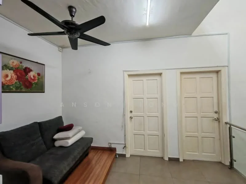 Living features: 3-seater fabric sofa in grey, white throw pillows, wooden flooring, cream painted walls, ceiling fan, framed floral artwork, double doors, light fixture on ceiling; style: modern.