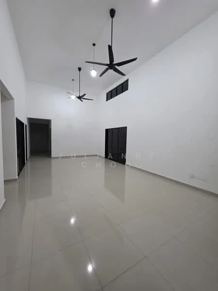Room features: white painted walls, high ceiling, polished ceramic tile flooring, 2 ceiling fans, recessed downlights, black doors, large windows, open layout; style: modern.