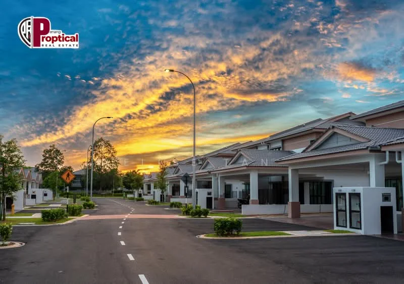 Exterior type: linked terrace house; features: modern facade with white painted walls, pitched tile roof, manicured lawn, paved driveway, street lighting, surrounded by greenery, sunset sky with clouds; style: modern.
