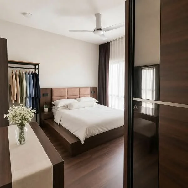 Bedroom features: queen-size bed with upholstered headboard, white bedding, wooden flooring, 5-blade ceiling fan, floor-to-ceiling windows with sheer curtains, built-in wardrobe with sliding doors, decorative vase with flowers, clothes rack with hanging garments, nightstand, wall-mounted light fixtures; style: modern.
