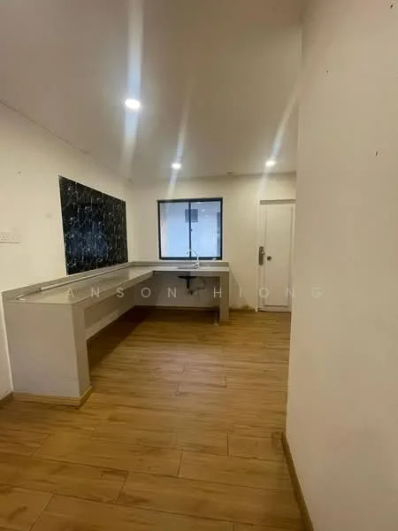 Kitchen features: wooden flooring, white painted walls, black stone backsplash, single-bowl stainless-steel sink, chrome pull-down faucet, countertop with overhang for seating, recessed downlights, window with view to outside, door leading to another room; style: modern.